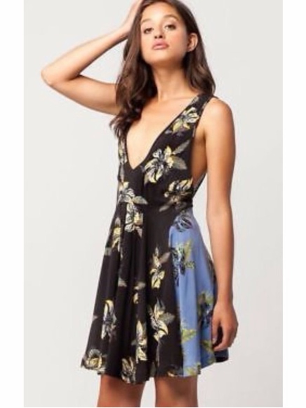 Free people Black Floral V-Neck Sleeveless Dress with Blue Panels